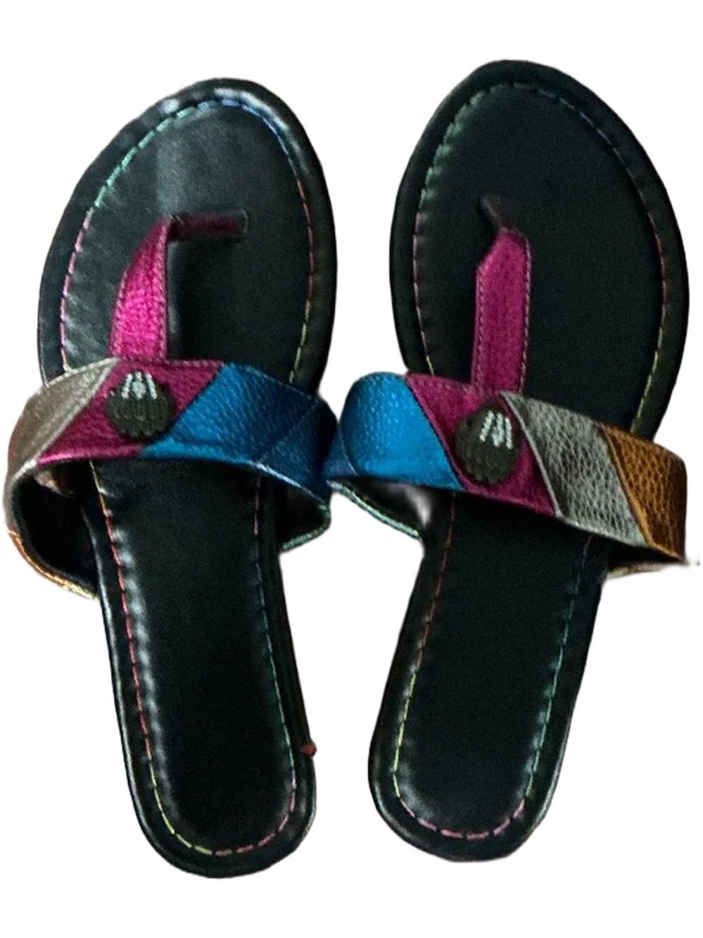 Women’s Pink and Blue Metallic T-Strap Sandals